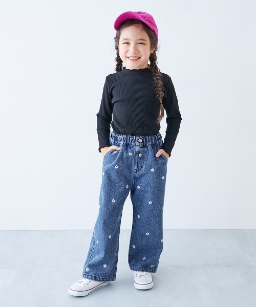 devirock(デビロック)の「360度かわいい ハートと花がえらべる 全面 刺繍 デニム ワイドパンツ(デニムパンツ・キッズ・ネイビー系2/サックスブルー系1/ネイビー系1/サックスブルー系2/サックスブルー系3/ブラック系・100cm/110cm/120cm/130cm/140cm/150cm/160cm)」の12枚目の写真