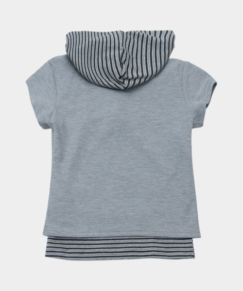 SOME PLACE（サムプレイス）の「ストライプワッフル配色ポイントロゴ刺繍フードパーカー＆半袖Tシャツレイヤードセット[グレー]（Tシャツ/カットソー・レディース・グレー・FREE）」の2枚目の写真