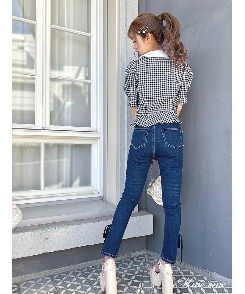 M me eme(エムミーエメ)の「Ribbon skinny denim (eme10128)(デニムパンツ・レディース・ブルー・XS)」の9枚目の写真