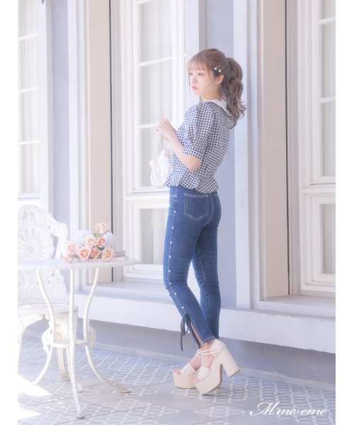 M me eme(エムミーエメ)の「Ribbon skinny denim (eme10128)(デニムパンツ・レディース・ブルー・XS)」の14枚目の写真