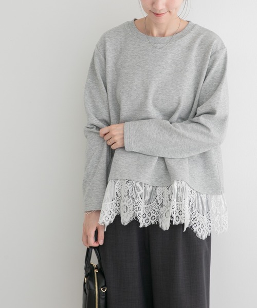 ITEMS URBANRESEARCH(アイテムズ アーバンリサーチ)の「レース切り替えダンボールトップス(スウェット・レディース・モカ/オフホワイト/グレー系その他・FREE)」の2枚目の写真