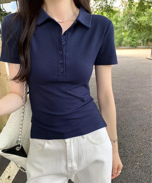 LA VORAGINE(ラ ヴォラジネ)の「前ボタン半袖ポロシャツ 無地カットソー(Tシャツ/カットソー・レディース・Navy/GRAY・M)」の2枚目の写真