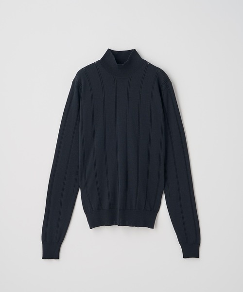 JOHN SMEDLEY(ジョンスメドレー)の「ストライプ柄アイレットモックネック長袖プルオーバー(ニット/セーター・レディース・ブラック・S)」の1枚目の写真