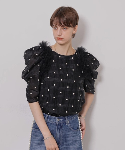 CADUNE(カデュネ)の「チュールフリルドットブラウス(シャツ/ブラウス・レディース・ブラックミックス/ブラック・38/36)」の7枚目の写真