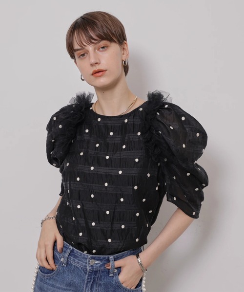 CADUNE(カデュネ)の「チュールフリルドットブラウス(シャツ/ブラウス・レディース・ブラックミックス/ブラック・38/36)」の12枚目の写真