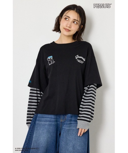 RODEO CROWNS WIDE BOWL（ロデオクラウンズワイドボウル）の「(PEANUTS)フェイクレイヤードロングTシャツ（Tシャツ/カットソー・レディース・ブラック/オフホワイト/カーキ/グレー×ホワイト・MEDIUM/LARGE）」の7枚目の写真