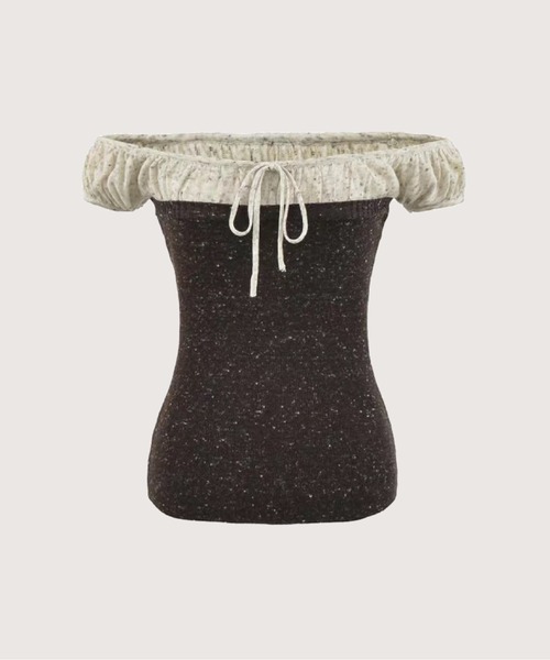 LA POMME petit（ラポミ・プチ）の「Contrast Off-Shoulder Tie Top/コントラストオフショルダータイトップ（Tシャツ/カットソー・レディース・ブルー/ブラウン/ブラック・FREE）」の3枚目の写真