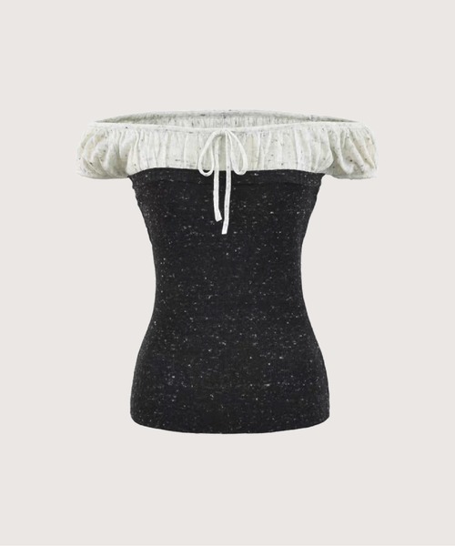 LA POMME petit（ラポミ・プチ）の「Contrast Off-Shoulder Tie Top/コントラストオフショルダータイトップ（Tシャツ/カットソー・レディース・ブルー/ブラウン/ブラック・FREE）」の2枚目の写真