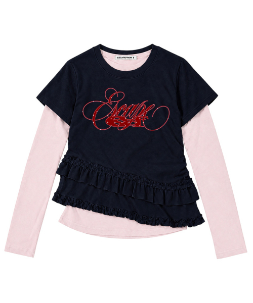 ESCAPEFROM（エスケープフロム）の「[SET] ネイビーシャーリングフリルスリムフィット半袖レイヤードロングスリーブ（Tシャツ/カットソー・レディース・その他・MEDIUM）」の2枚目の写真