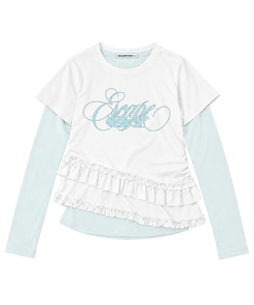 ESCAPEFROM（エスケープフロム）の「[SET] ネイビーシャーリングフリルスリムフィット半袖レイヤードロングスリーブ（Tシャツ/カットソー・レディース・その他・MEDIUM）」の3枚目の写真