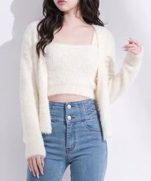 シャギー アンサンブル カーデ キャミ セット / 大人清楚ギャル 短丈 あざとい 綺麗め 色っぽ 韓国