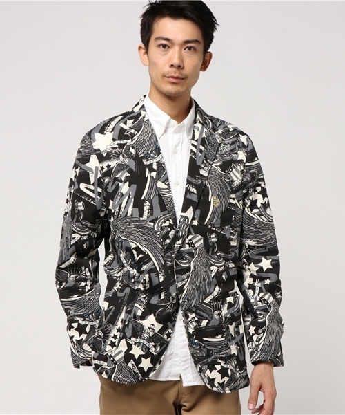 ALDIES（アールディーズ）の「Wing Star Jacket 総柄 プリント シングルジャケット（テーラードジャケット・メンズ・ブラック/レッド・LARGE/SMALL/MEDIUM）」の2枚目の写真