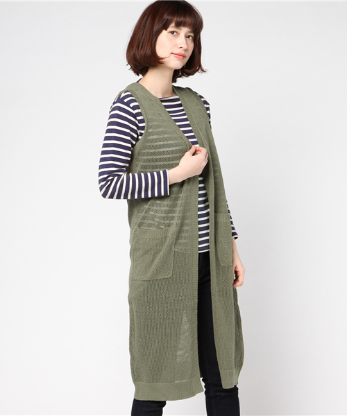 CUBE SUGAR（キューブシュガー）の「綿ニットロングジレ（ベスト・レディース・カーキ/ナチュラル/チャコールグレー/ネイビー・M）」の4枚目の写真