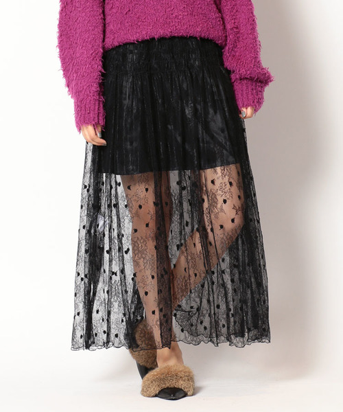 NINE（ナイン）の「ドットフラワーレーススカート（スカート・レディース・グリーン/パープル/ブラック・1/0）」の2枚目の写真
