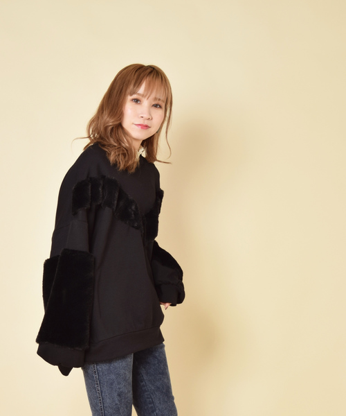 w closet(ダブルクローゼット)の「エコファー切替プルオーバー(Tシャツ/カットソー・レディース・ブラック/アイボリー/ピンク・FREE)」の8枚目の写真