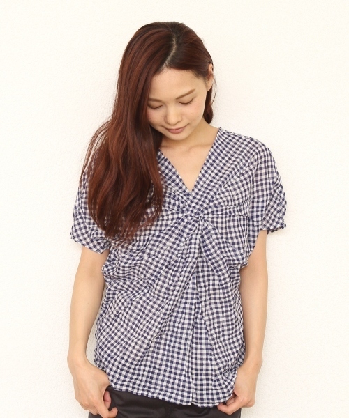 coen（コーエン）の「カラミギンガムネジリブラウス（シャツ/ブラウス・レディース・ブラック/ケリー/コバルトブルー・フリー）」の3枚目の写真