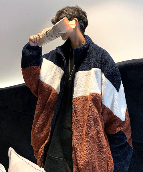 neos(ネオス)の「【neos -addictive design-】 ビッグシルエット ボア 配色 切替 スタンド ジップ ジャケット(ブルゾン)」|テラコッタ