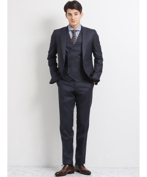 セール エムエフエディトリアルメンズ M F Editorial Men チェック柄ネイビーストレッチ光沢 ウール混スリムフィット2釦3ピースビジネスセットアップスーツ スーツセット M F Editorial エムエフエディトリアル のファッション通販 Zozotown