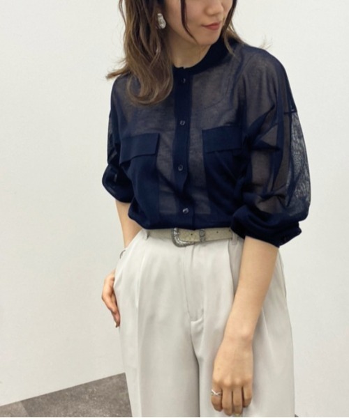 apres jour mignon(アプレジュールミニョン)の「シアーニットシャツ 【ZOZOTOWN限定アイテム】(シャツ/ブラウス・レディース・オフホワイト/ブルー系その他/ブラック・X-LARGE/フリー)」の3枚目の写真