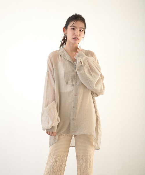 Wefst（ウェスト）の「【Wefst】シアーポプリンザム切り替え Bigシャツ（Tシャツ/カットソー・レディース・ライトグレー/アイボリー/ミント/ラベンダー・FREE）」の3枚目の写真