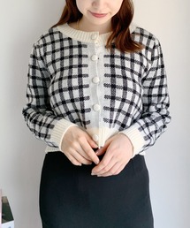 チェック柄ショートニットカーディガン