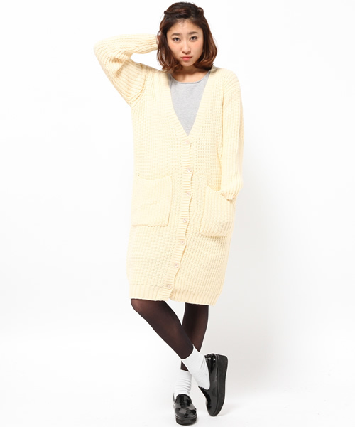 CIAOPANIC(チャオパニック)の「【Ciaopanic】片畦KNITロングCD(カーディガン/ボレロ・レディース・アイボリー/ブラック・FREE)」の1枚目の写真