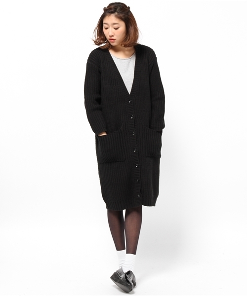 CIAOPANIC(チャオパニック)の「【Ciaopanic】片畦KNITロングCD(カーディガン/ボレロ・レディース・アイボリー/ブラック・FREE)」の2枚目の写真