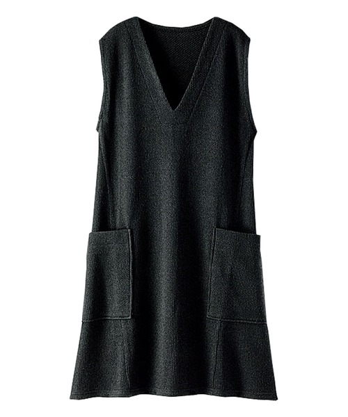 BELLUNA（ベルーナ）の「杢調素材ポケットデザインジャンパードレス（ジャンパースカート・レディース・ブラック/カーキ/モカ/チャコール・MEDIUM/LARGE/X-LARGE）」の2枚目の写真