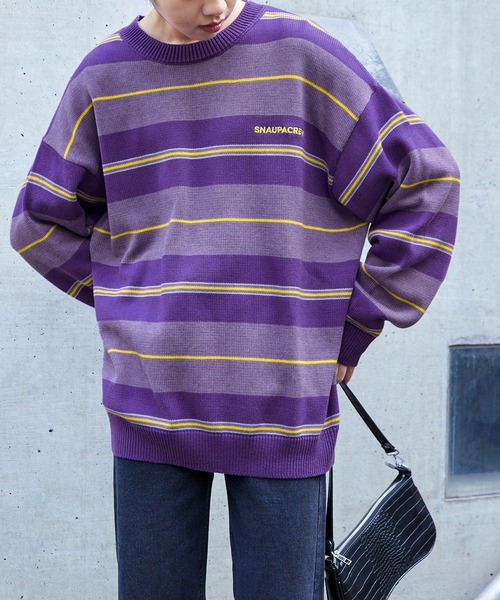 Snap club（スナップクラブ）の「【Snap club】ビックシルエットカラーボーダーニット（ニット/セーター・メンズ・パープル/オレンジ/ブルー/グリーン/ブラック/イエロー・M/L）」の4枚目の写真