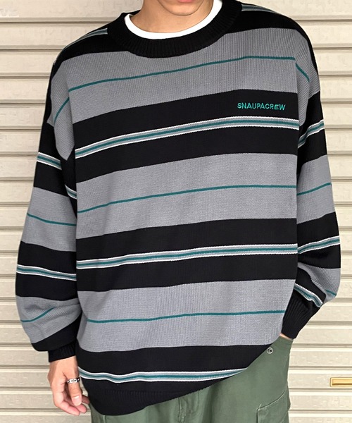 Snap club（スナップクラブ）の「【Snap club】ビックシルエットカラーボーダーニット（ニット/セーター・メンズ・パープル/オレンジ/ブルー/グリーン/ブラック/イエロー・M/L）」の2枚目の写真