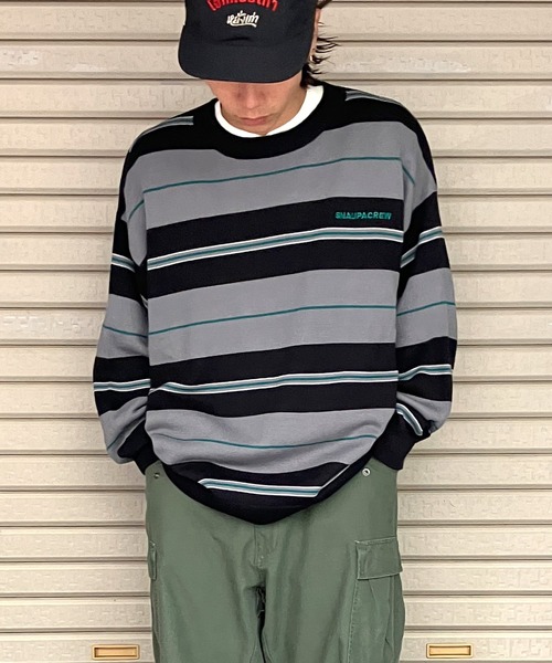 Snap club（スナップクラブ）の「【Snap club】ビックシルエットカラーボーダーニット（ニット/セーター・メンズ・パープル/オレンジ/ブルー/グリーン/ブラック/イエロー・M/L）」の9枚目の写真