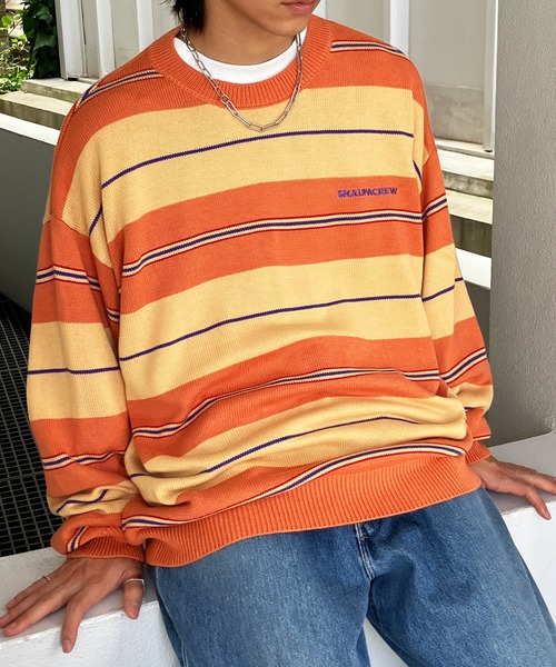 美品ナゴンスタンス　ストライプ ニットセーター 長袖 オレンジ グレー 美品ナゴンスタンス ストライプ ニットセーター 長袖 オレンジ グレー