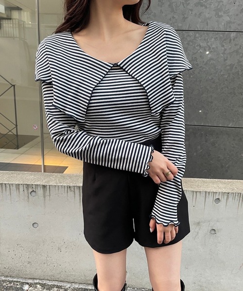 one after another NICE CLAUP（ワンアフターアナザーナイスクラップ）の「セーラーカラーテレコトップス（Tシャツ/カットソー・レディース・ブラック/オフホワイト/レッド系その他/ネイビー系/ベージュ/ミント・FREE）」の5枚目の写真