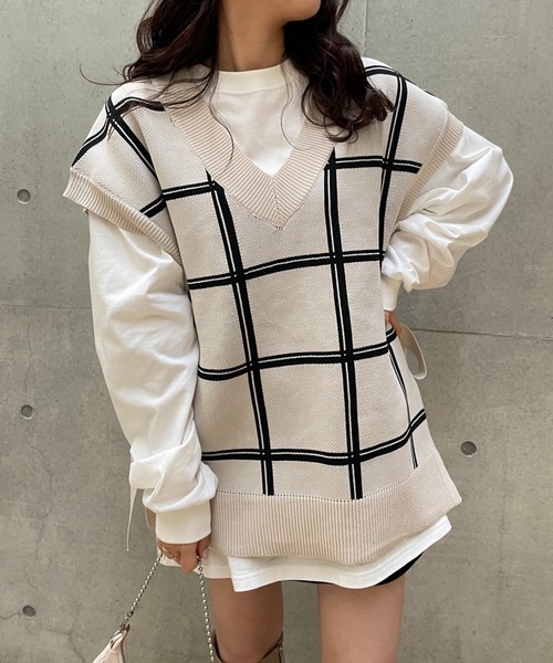 one after another NICE CLAUP（ワンアフターアナザーナイスクラップ）の「サイドリボンチェックニットベスト（ベスト・レディース・ホワイト系その他/ブラック系その他/ベージュ系その他・FREE）」の3枚目の写真