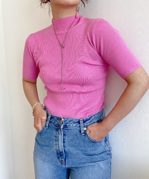 AMAIL（アマイル）の「Fashionable half tops（Tシャツ/カットソー・レディース・ピンク/オレンジ/ホワイト×ブラック/ブルー・FREE）」の3枚目の写真