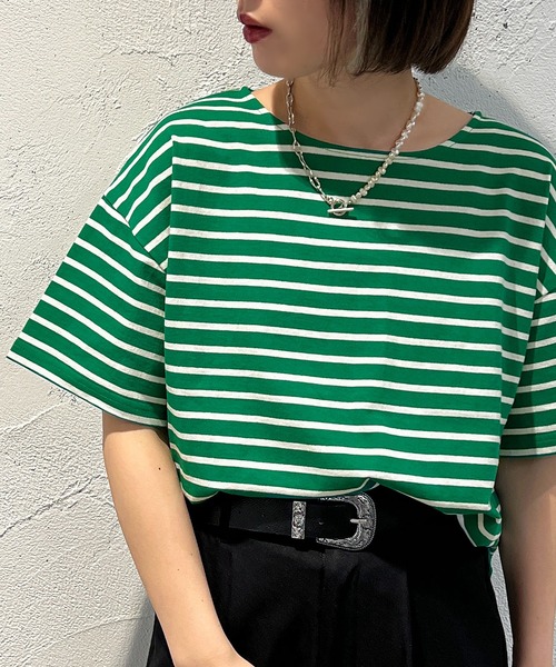 apres jour mignon（アプレジュールミニョン）の「ボーダー半袖トップス【ZOZOTOWN限定アイテム】（Tシャツ/カットソー・レディース・オレンジ系その他/グリーン系その他/オフホワイト/イエロー系その他・フリー/X-LARGE）」の2枚目の写真