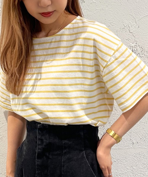 apres jour mignon（アプレジュールミニョン）の「ボーダー半袖トップス【ZOZOTOWN限定アイテム】（Tシャツ/カットソー・レディース・オレンジ系その他/グリーン系その他/オフホワイト/イエロー系その他・フリー/X-LARGE）」の3枚目の写真