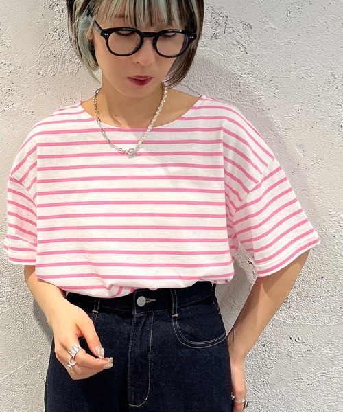 apres jour mignon（アプレジュールミニョン）の「ボーダー半袖トップス【ZOZOTOWN限定アイテム】（Tシャツ/カットソー・レディース・オレンジ系その他/グリーン系その他/オフホワイト/イエロー系その他・フリー/X-LARGE）」の6枚目の写真