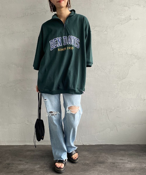 BEN DAVIS（ベンデイビス）の「【WEB限定】[BEN DAVIS/ベンデイビス] カレッジロゴワッペン刺繍 ハーフジップスウェットTシャツ（Tシャツ/カットソー・レディース・グレー/グリーン・M/L/XL）」の4枚目の写真