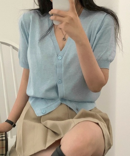 SONA（ソナ）の「[BELLIDE MADE] Vネックショートスリーブカーディガン（カーディガン/ボレロ・レディース・ピンク/カーキ/スカイブルー/アイボリー/グレー・FREE）」の13枚目の写真