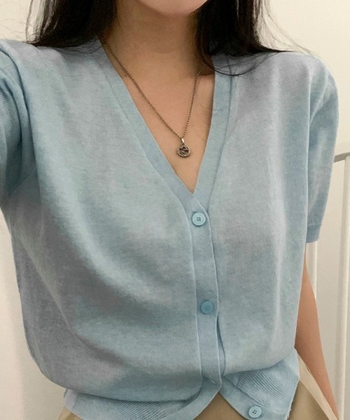 SONA（ソナ）の「[BELLIDE MADE] Vネックショートスリーブカーディガン（カーディガン/ボレロ・レディース・ピンク/カーキ/スカイブルー/アイボリー/グレー・FREE）」の9枚目の写真