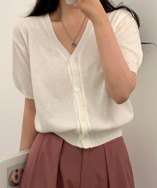 SONA（ソナ）の「[BELLIDE MADE] Vネックショートスリーブカーディガン（カーディガン/ボレロ・レディース・ピンク/カーキ/スカイブルー/アイボリー/グレー・FREE）」の6枚目の写真