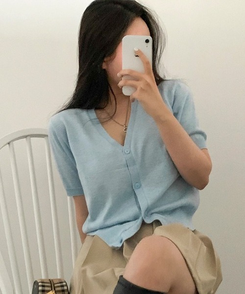 SONA（ソナ）の「[BELLIDE MADE] Vネックショートスリーブカーディガン（カーディガン/ボレロ・レディース・ピンク/カーキ/スカイブルー/アイボリー/グレー・FREE）」の15枚目の写真