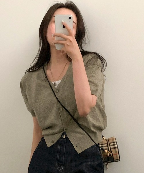 SONA（ソナ）の「[BELLIDE MADE] Vネックショートスリーブカーディガン（カーディガン/ボレロ・レディース・ピンク/カーキ/スカイブルー/アイボリー/グレー・FREE）」の7枚目の写真