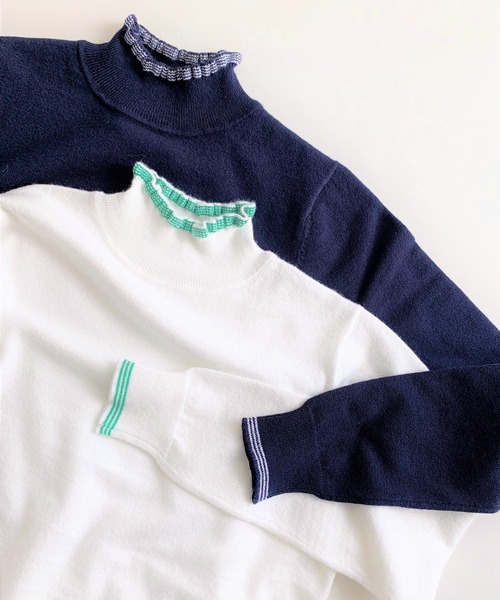 Q（キュー）の「衿フリルハイネックニット（ニット/セーター・レディース・ネイビー/アイボリー・MEDIUM）」の10枚目の写真