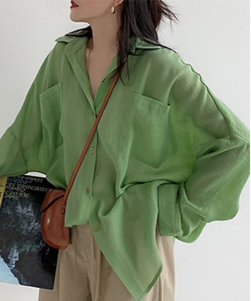 AMELY(エミリー)の「長袖シアーブラウス(シャツ/ブラウス・レディース・ホワイト/ブラック/ブラウン/グリーン/マスタード・フリー)」の1枚目の写真