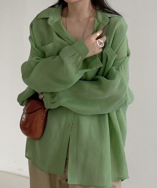 AMELY(エミリー)の「長袖シアーブラウス(シャツ/ブラウス・レディース・ホワイト/ブラック/ブラウン/グリーン/マスタード・フリー)」の7枚目の写真