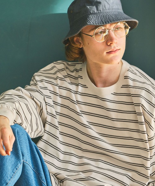 EMMA CLOTHES(エマクローズ)の「オーバーサイズ マルチボーダー ロングスリーブTシャツ EMMA CLOTHES(Tシャツ/カットソー・メンズ・ブラック/アイボリー/グレイッシュブルー/ネイビー/ホワイト系/ワイン/ブラック系/ブルー・M/L)」の12枚目の写真