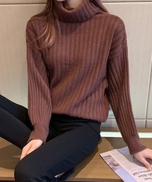 タートルネックボリュームスリーブリブニットプルオーバー