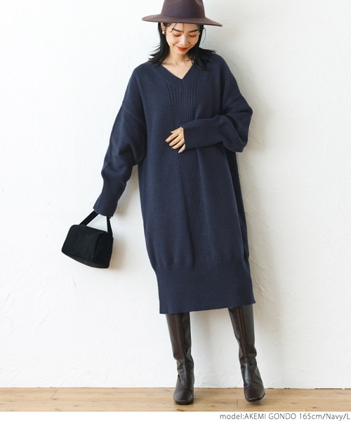 coca(coca)(コカ)の「Vネックニットワンピース(ワンピース・レディース・ネイビー/ブラウン・M/L)」の9枚目の写真